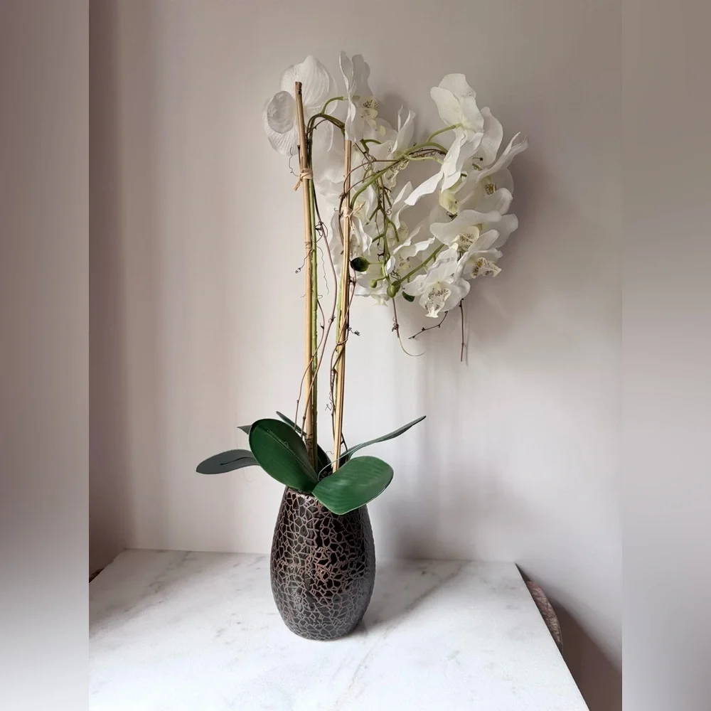 artificial white Phalaenopsis orchid arrangement in a brown textured vase 27”….
